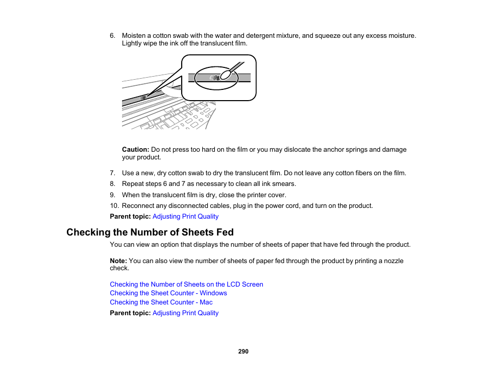 Checking the number of sheets fed | Epson EcoTank Pro ET-5150 Wireless All-in-One Supertank Printer User Manual | Page 290 / 387