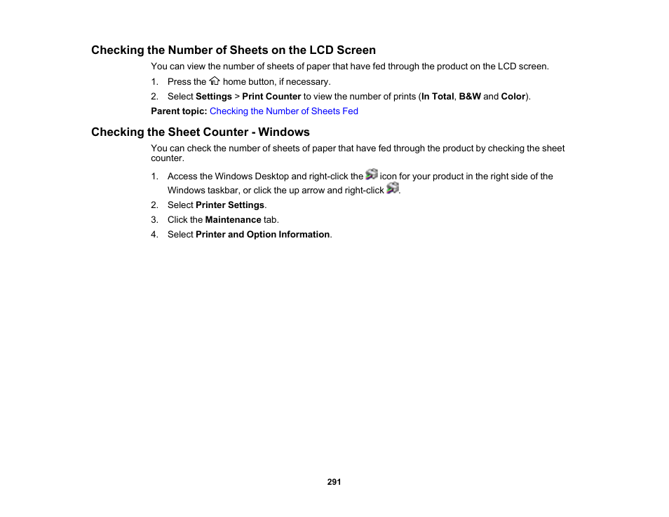 Checking the number of sheets on the lcd screen, Checking the sheet counter - windows | Epson EcoTank Pro ET-5150 Wireless All-in-One Supertank Printer User Manual | Page 291 / 387