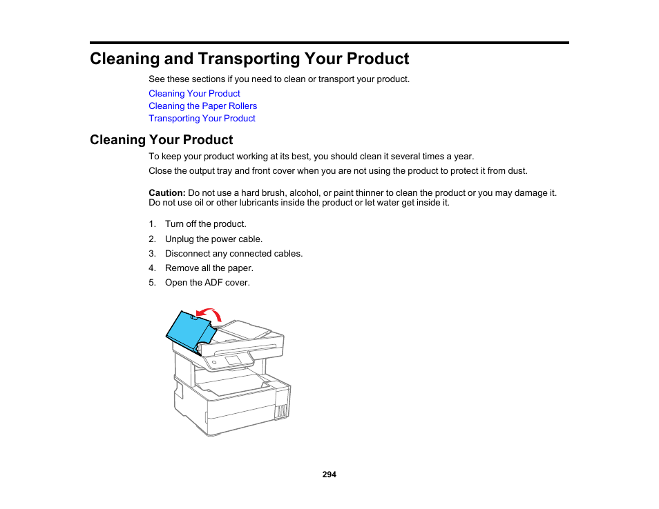 Cleaning and transporting your product, Cleaning your product | Epson EcoTank Pro ET-5150 Wireless All-in-One Supertank Printer User Manual | Page 294 / 387