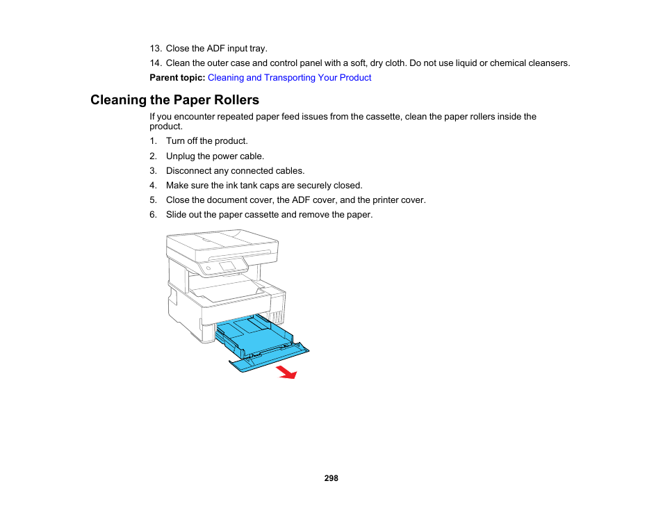 Cleaning the paper rollers | Epson EcoTank Pro ET-5150 Wireless All-in-One Supertank Printer User Manual | Page 298 / 387