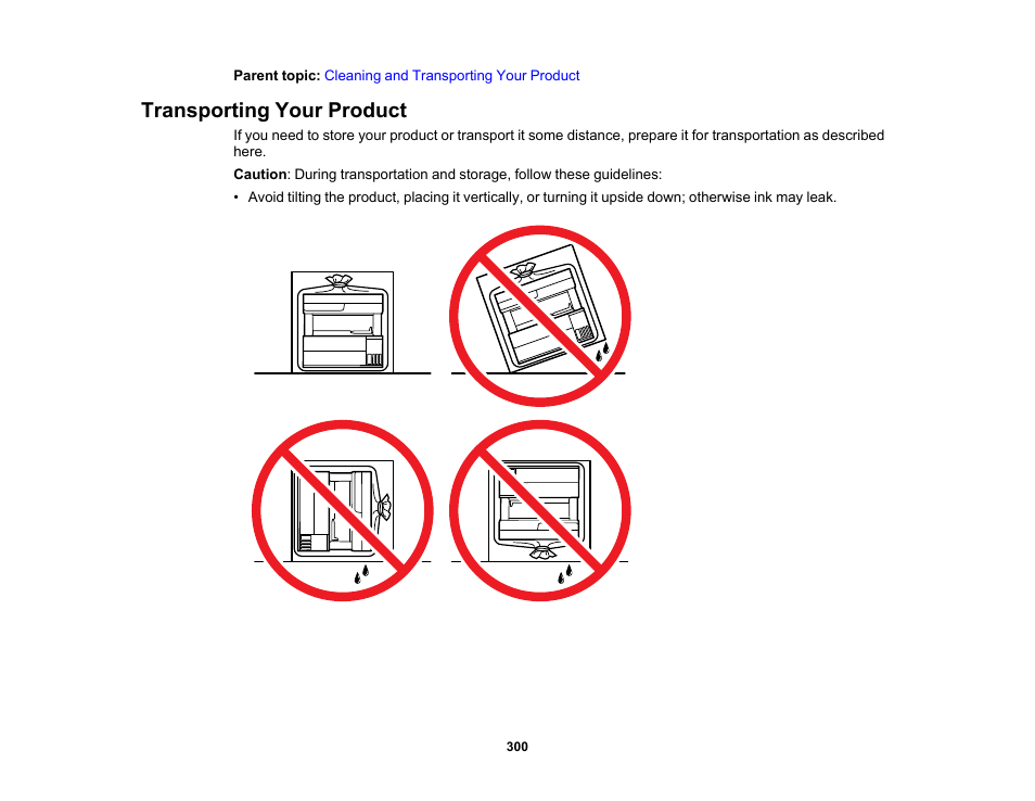 Transporting your product | Epson EcoTank Pro ET-5150 Wireless All-in-One Supertank Printer User Manual | Page 300 / 387