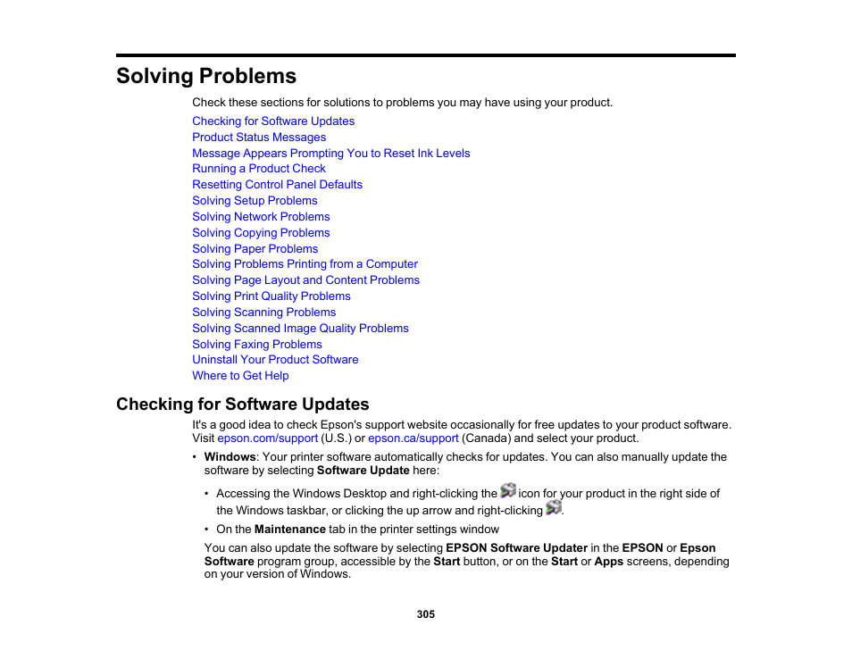 Solving problems, Checking for software updates | Epson EcoTank Pro ET-5150 Wireless All-in-One Supertank Printer User Manual | Page 305 / 387