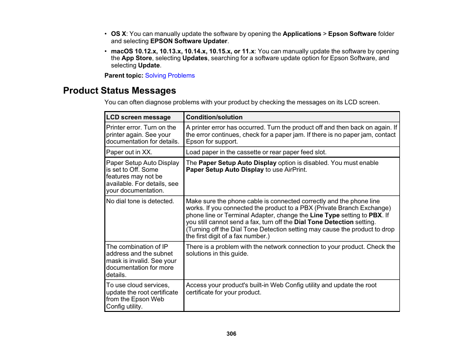 Product status messages | Epson EcoTank Pro ET-5150 Wireless All-in-One Supertank Printer User Manual | Page 306 / 387