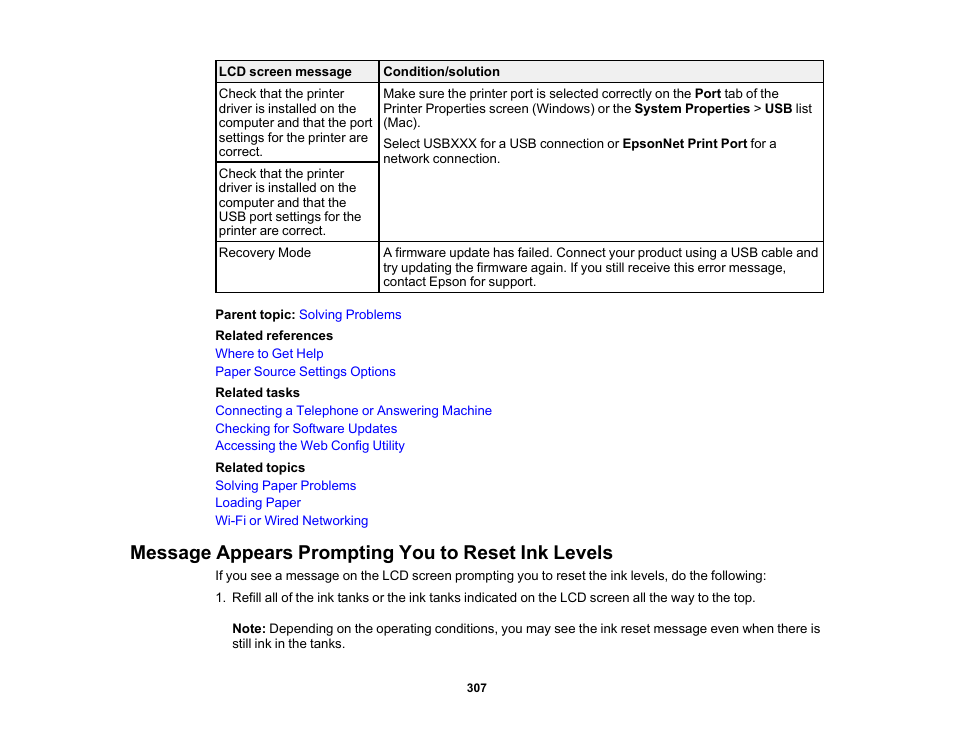 Message appears prompting you to reset ink levels | Epson EcoTank Pro ET-5150 Wireless All-in-One Supertank Printer User Manual | Page 307 / 387