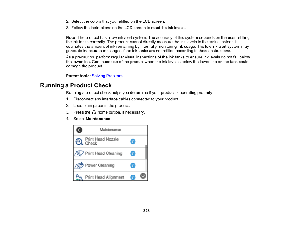 Running a product check | Epson EcoTank Pro ET-5150 Wireless All-in-One Supertank Printer User Manual | Page 308 / 387