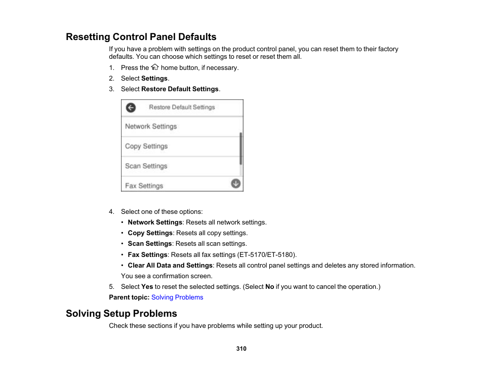 Resetting control panel defaults, Solving setup problems | Epson EcoTank Pro ET-5150 Wireless All-in-One Supertank Printer User Manual | Page 310 / 387