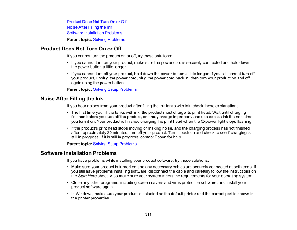 Product does not turn on or off, Noise after filling the ink, Software installation problems | Epson EcoTank Pro ET-5150 Wireless All-in-One Supertank Printer User Manual | Page 311 / 387