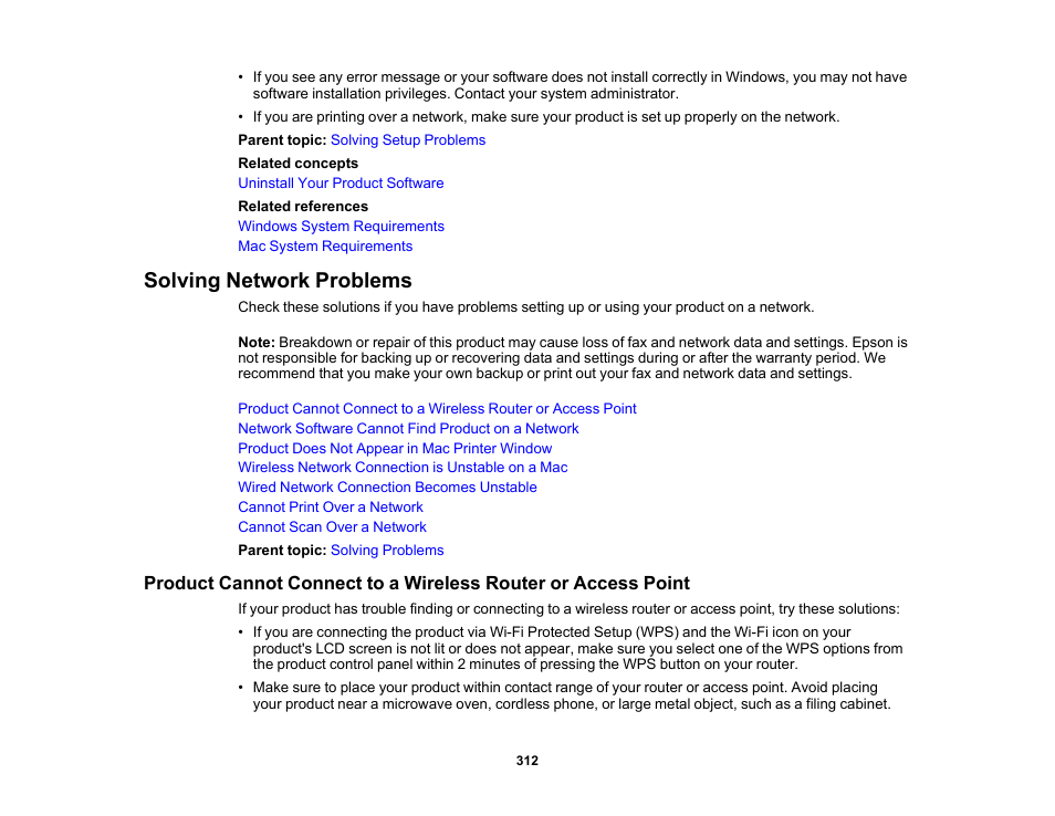 Solving network problems | Epson EcoTank Pro ET-5150 Wireless All-in-One Supertank Printer User Manual | Page 312 / 387