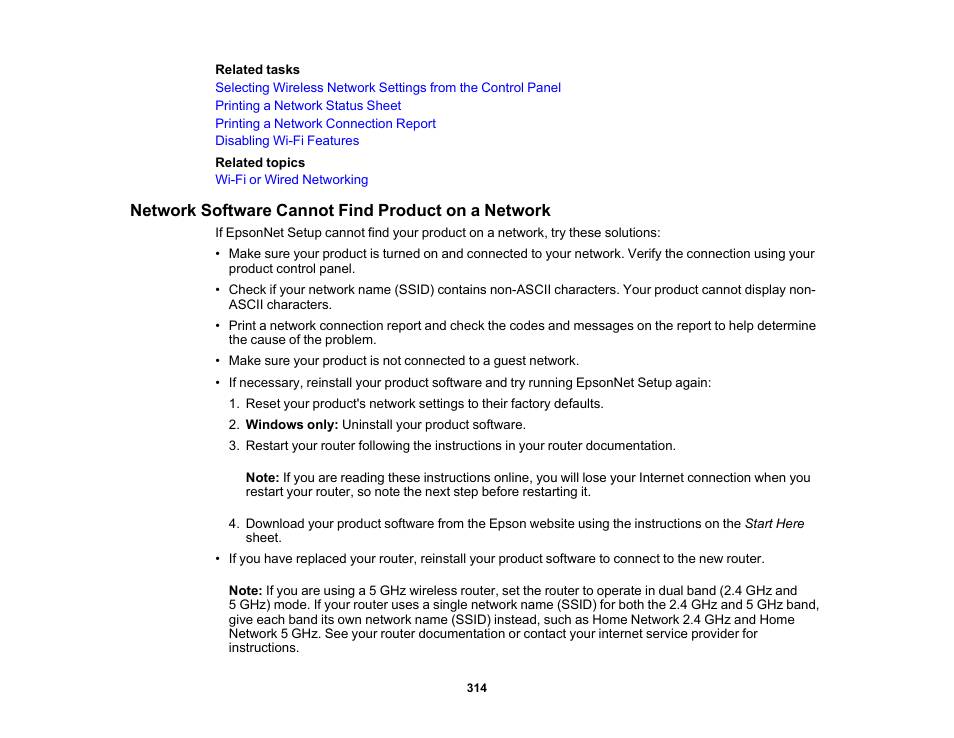 Network software cannot find product on a network | Epson EcoTank Pro ET-5150 Wireless All-in-One Supertank Printer User Manual | Page 314 / 387