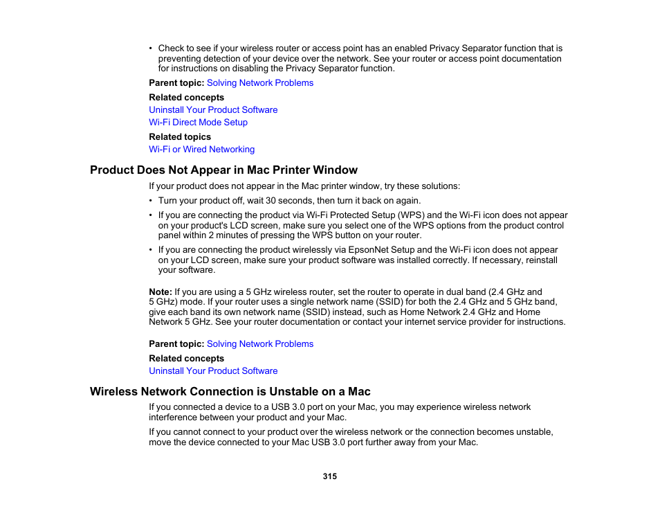 Product does not appear in mac printer window, Wireless network connection is unstable on a mac | Epson EcoTank Pro ET-5150 Wireless All-in-One Supertank Printer User Manual | Page 315 / 387