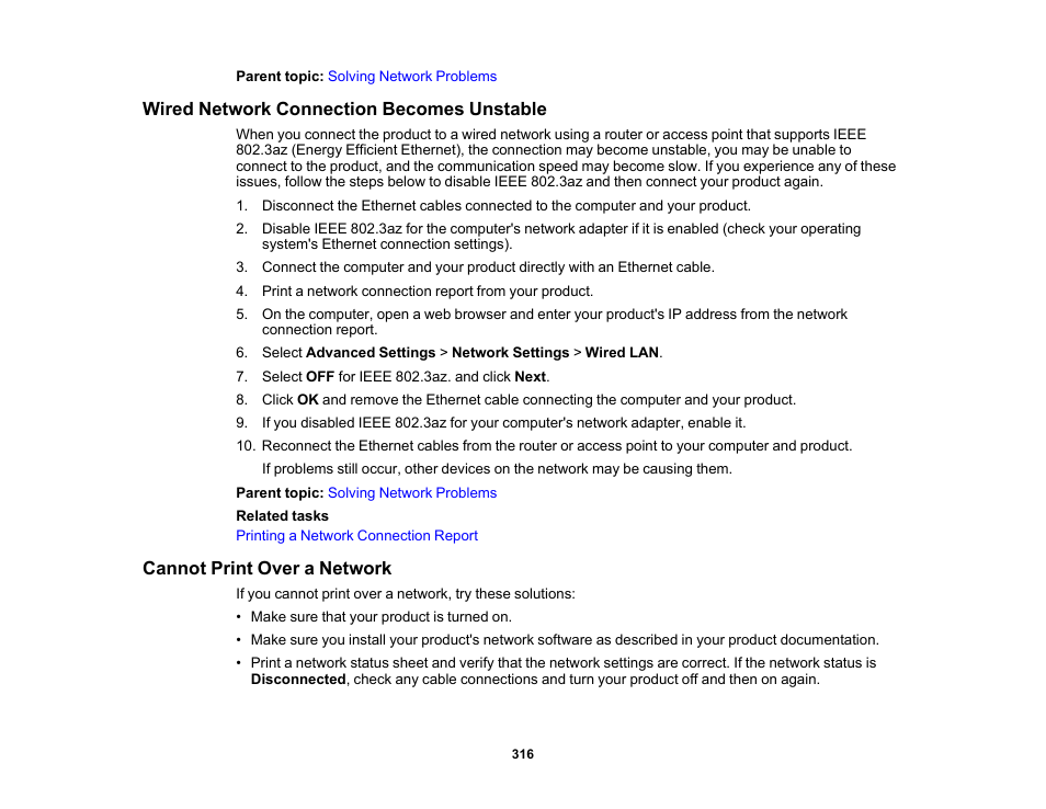 Wired network connection becomes unstable, Cannot print over a network | Epson EcoTank Pro ET-5150 Wireless All-in-One Supertank Printer User Manual | Page 316 / 387