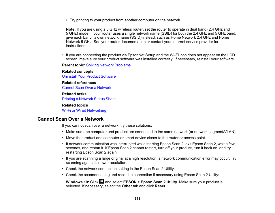 Cannot scan over a network | Epson EcoTank Pro ET-5150 Wireless All-in-One Supertank Printer User Manual | Page 318 / 387