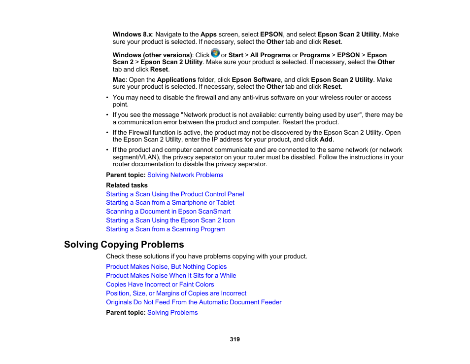 Solving copying problems | Epson EcoTank Pro ET-5150 Wireless All-in-One Supertank Printer User Manual | Page 319 / 387