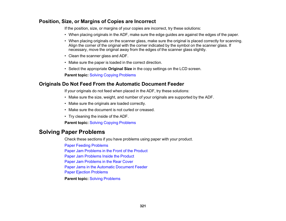 Position, size, or margins of copies are incorrect, Solving paper problems | Epson EcoTank Pro ET-5150 Wireless All-in-One Supertank Printer User Manual | Page 321 / 387