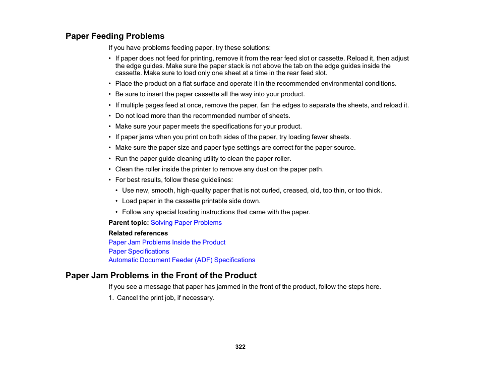 Paper feeding problems, Paper jam problems in the front of the product | Epson EcoTank Pro ET-5150 Wireless All-in-One Supertank Printer User Manual | Page 322 / 387