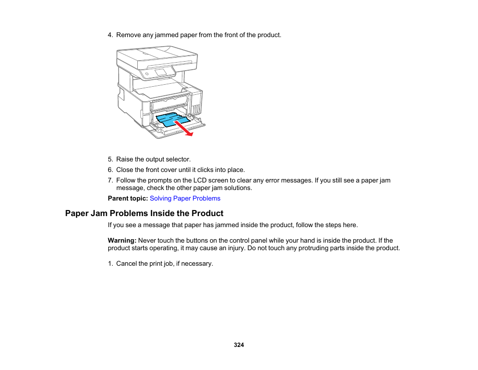 Paper jam problems inside the product | Epson EcoTank Pro ET-5150 Wireless All-in-One Supertank Printer User Manual | Page 324 / 387