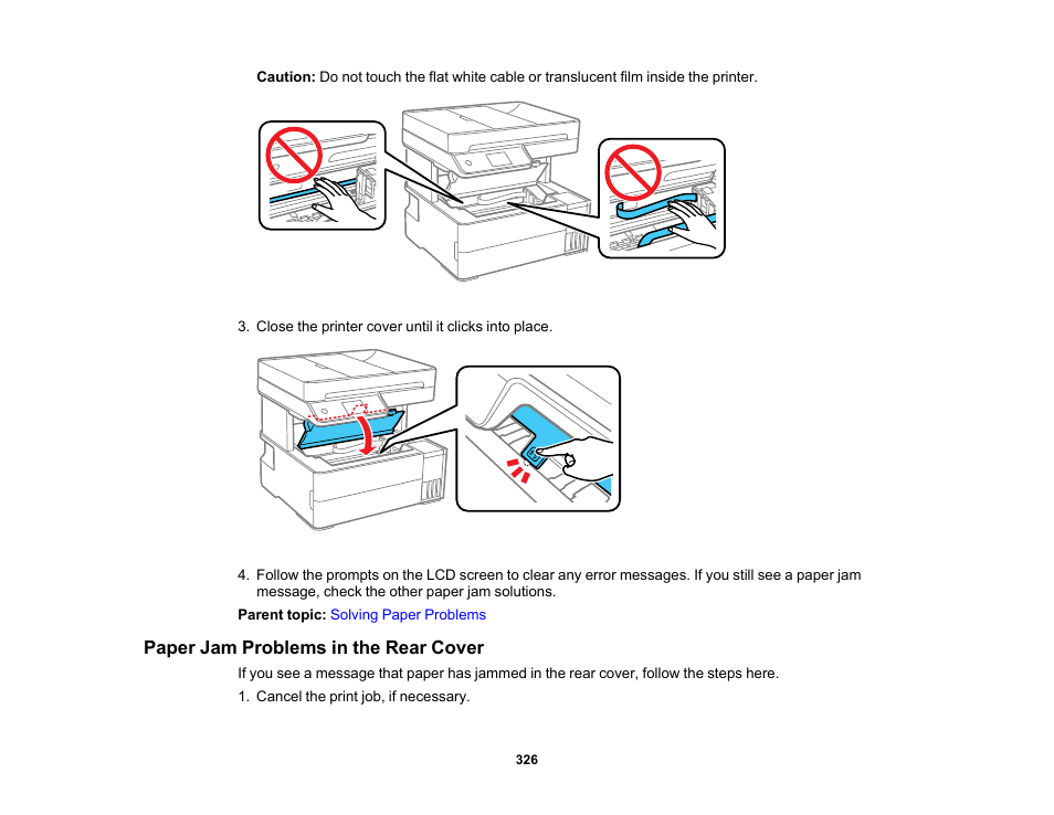 Paper jam problems in the rear cover | Epson EcoTank Pro ET-5150 Wireless All-in-One Supertank Printer User Manual | Page 326 / 387