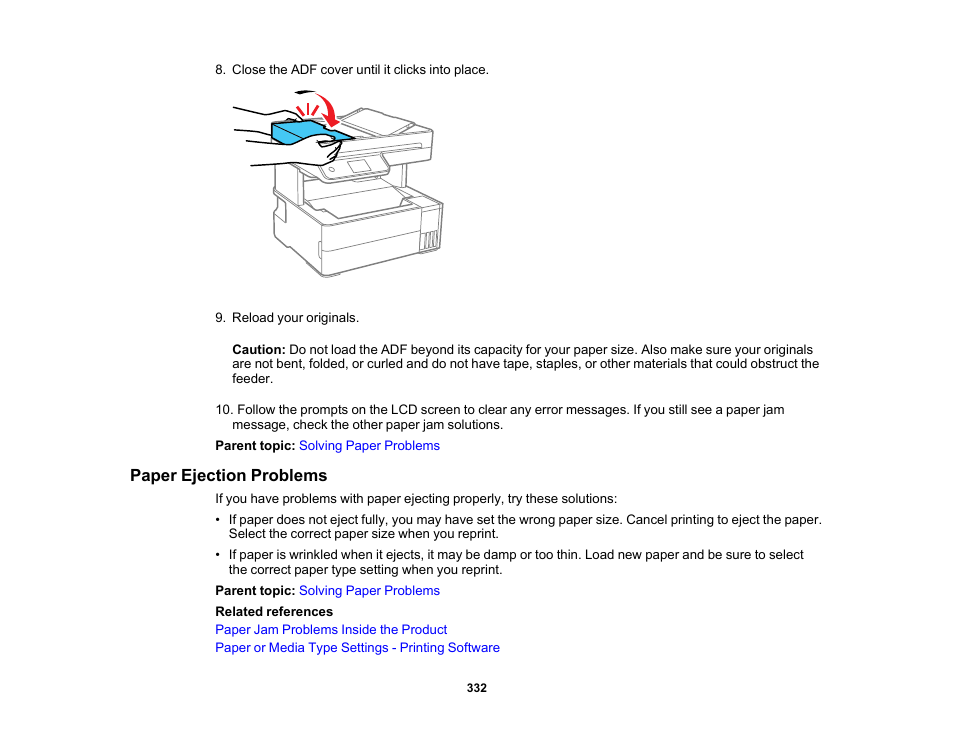 Paper ejection problems | Epson EcoTank Pro ET-5150 Wireless All-in-One Supertank Printer User Manual | Page 332 / 387