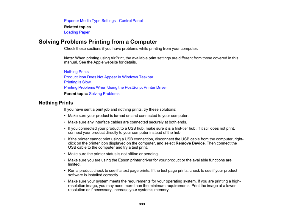 Solving problems printing from a computer, Nothing prints | Epson EcoTank Pro ET-5150 Wireless All-in-One Supertank Printer User Manual | Page 333 / 387