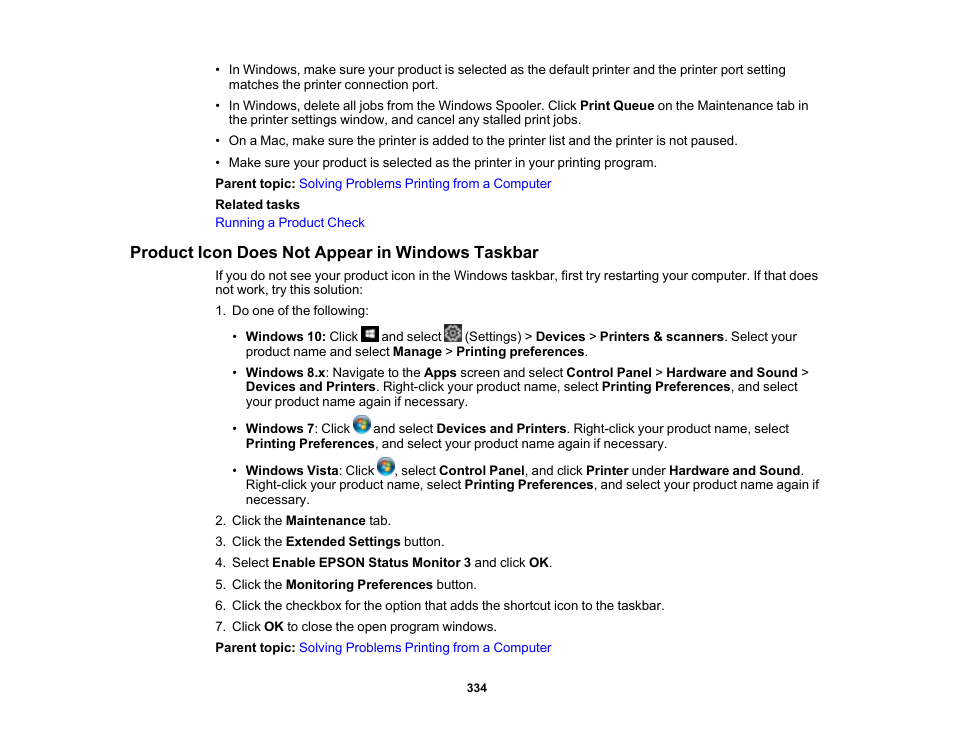 Product icon does not appear in windows taskbar | Epson EcoTank Pro ET-5150 Wireless All-in-One Supertank Printer User Manual | Page 334 / 387