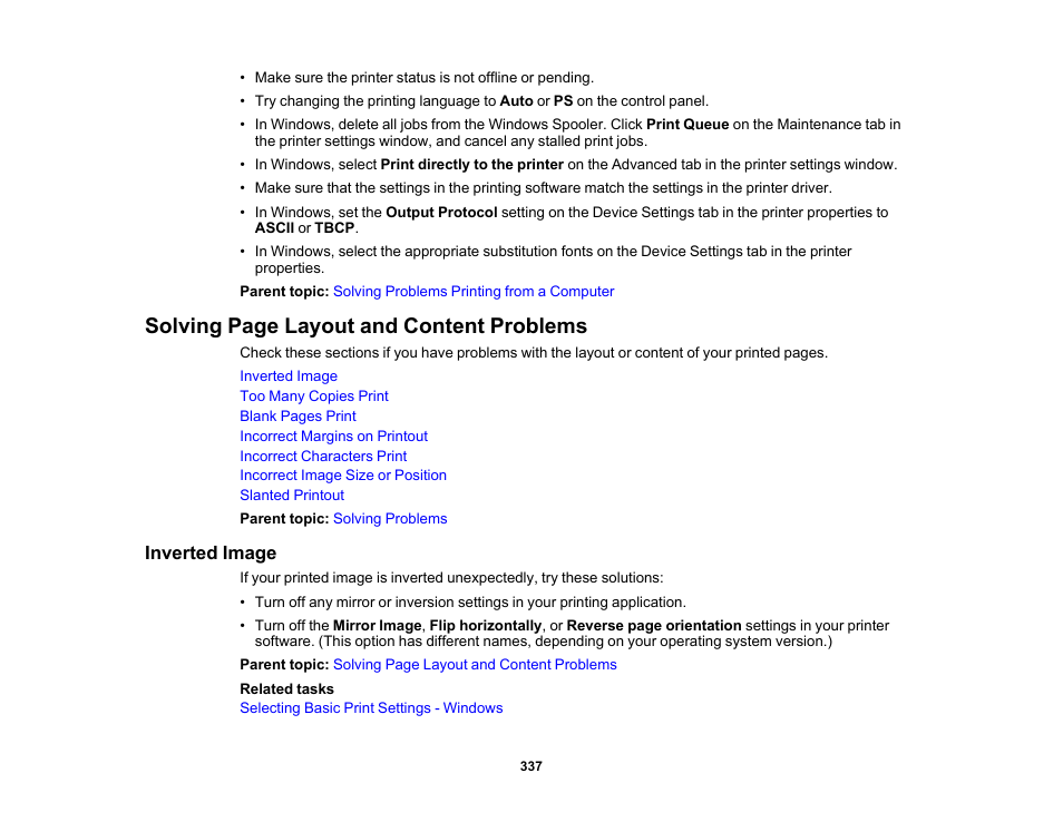 Inverted image, Solving page layout and content problems | Epson EcoTank Pro ET-5150 Wireless All-in-One Supertank Printer User Manual | Page 337 / 387