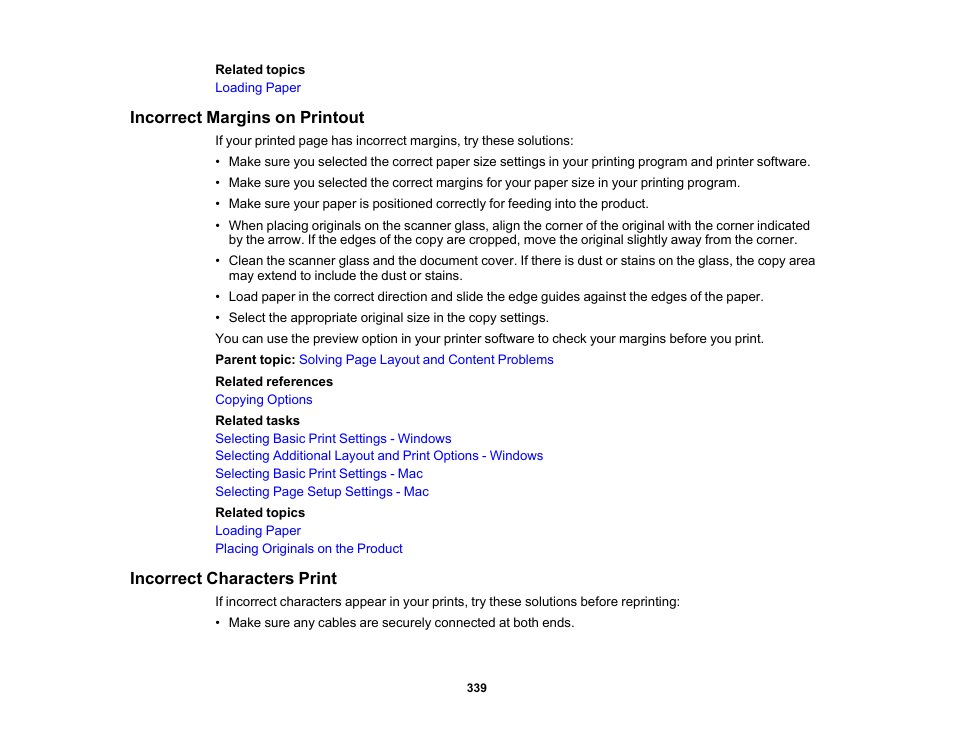 Incorrect margins on printout, Incorrect characters print | Epson EcoTank Pro ET-5150 Wireless All-in-One Supertank Printer User Manual | Page 339 / 387