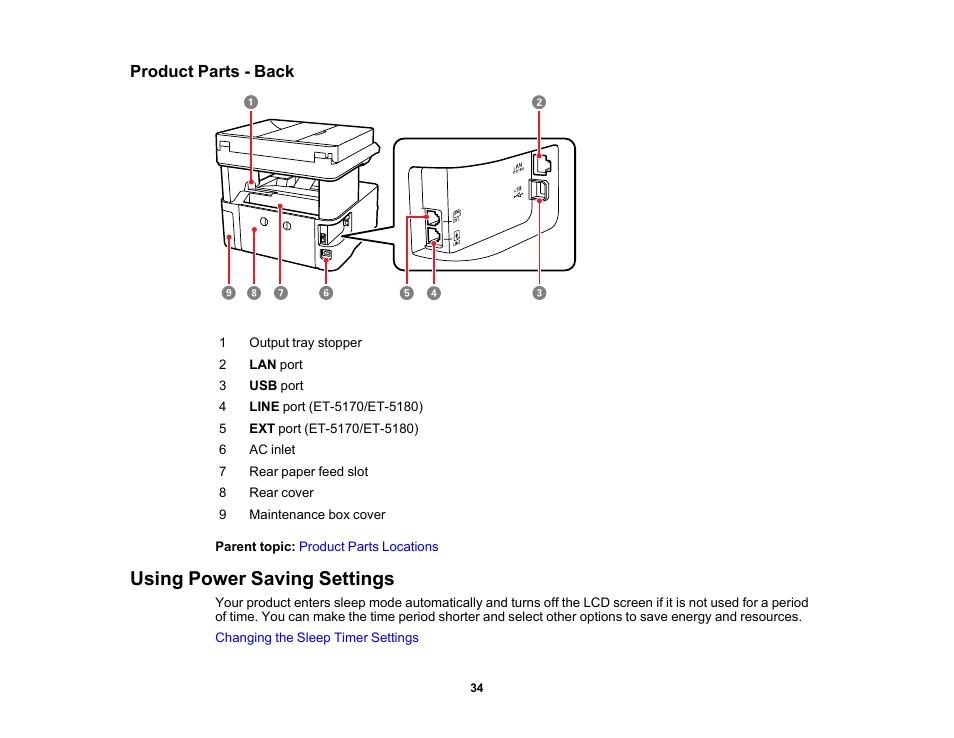 Product parts - back, Using power saving settings | Epson EcoTank Pro ET-5150 Wireless All-in-One Supertank Printer User Manual | Page 34 / 387