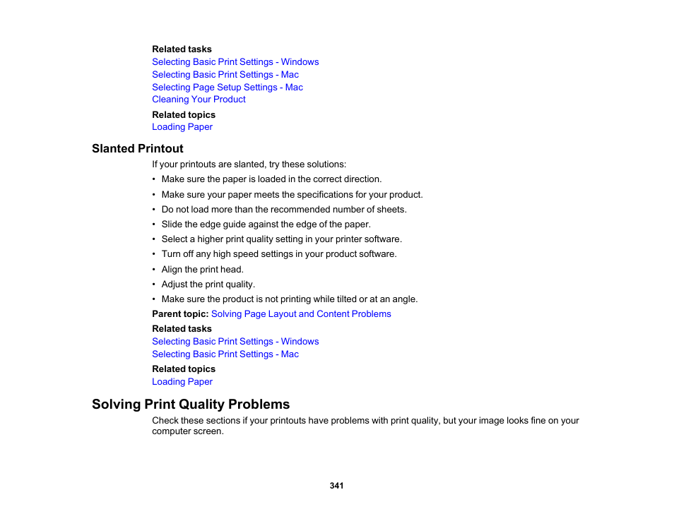 Slanted printout, Solving print quality problems | Epson EcoTank Pro ET-5150 Wireless All-in-One Supertank Printer User Manual | Page 341 / 387