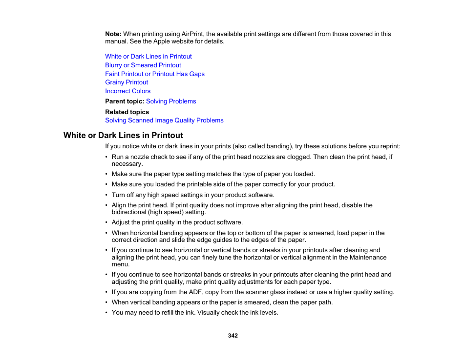 White or dark lines in printout | Epson EcoTank Pro ET-5150 Wireless All-in-One Supertank Printer User Manual | Page 342 / 387