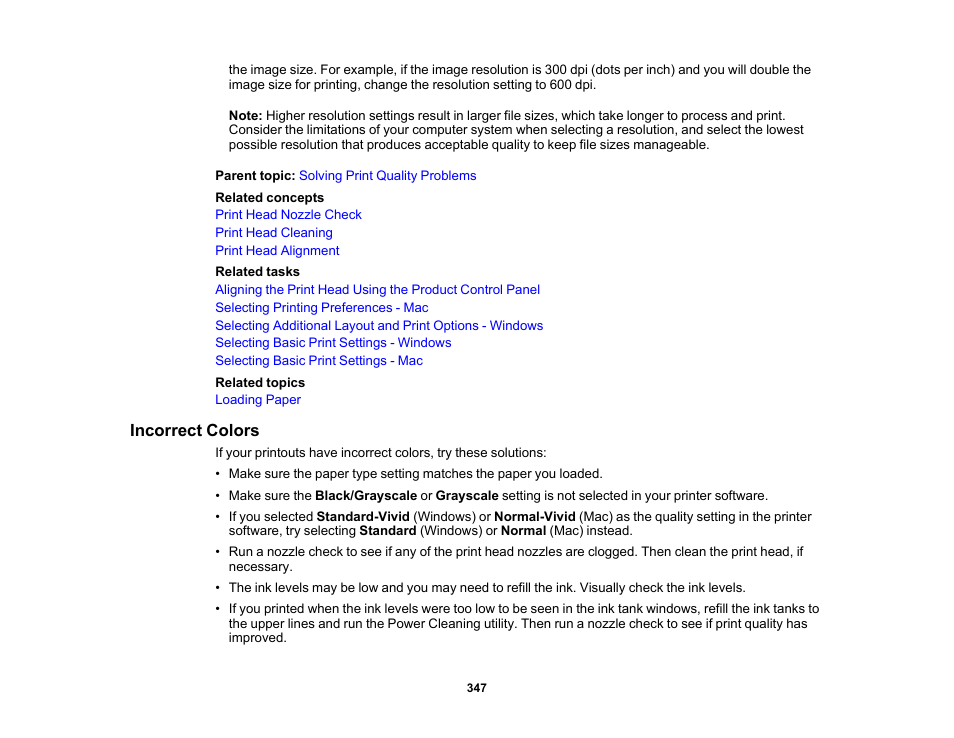 Incorrect colors | Epson EcoTank Pro ET-5150 Wireless All-in-One Supertank Printer User Manual | Page 347 / 387