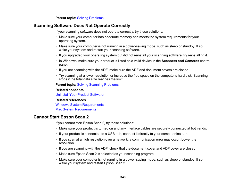 Scanning software does not operate correctly, Cannot start epson scan 2 | Epson EcoTank Pro ET-5150 Wireless All-in-One Supertank Printer User Manual | Page 349 / 387