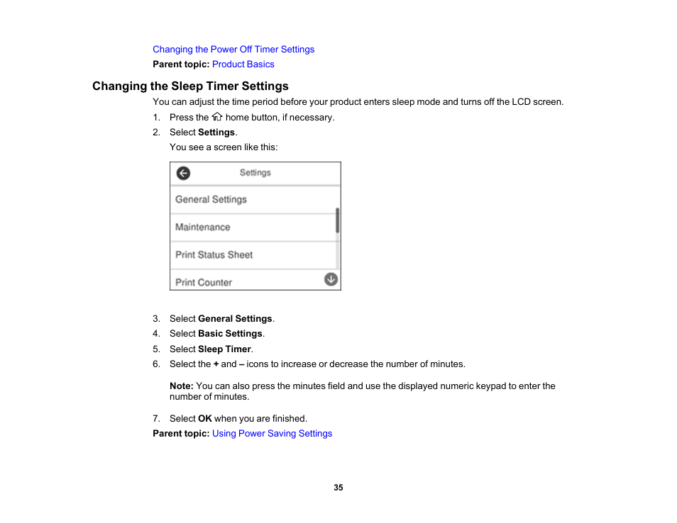 Changing the sleep timer settings | Epson EcoTank Pro ET-5150 Wireless All-in-One Supertank Printer User Manual | Page 35 / 387