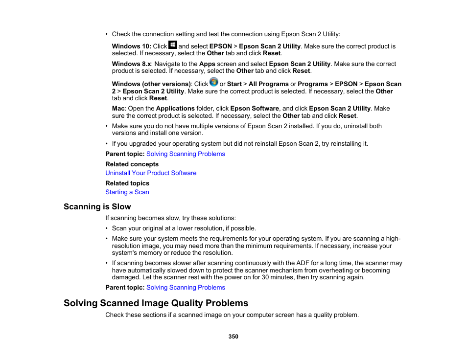 Scanning is slow, Solving scanned image quality problems | Epson EcoTank Pro ET-5150 Wireless All-in-One Supertank Printer User Manual | Page 350 / 387