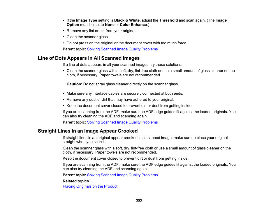 Line of dots appears in all scanned images, Straight lines in an image appear crooked | Epson EcoTank Pro ET-5150 Wireless All-in-One Supertank Printer User Manual | Page 353 / 387
