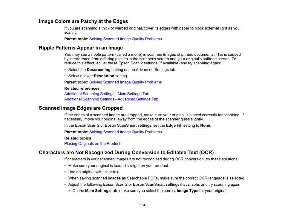 Image colors are patchy at the edges, Ripple patterns appear in an image, Scanned image edges are cropped | Epson EcoTank Pro ET-5150 Wireless All-in-One Supertank Printer User Manual | Page 354 / 387