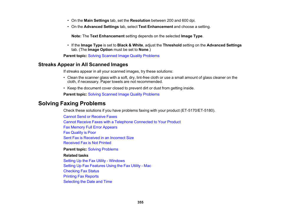 Streaks appear in all scanned images, Solving faxing problems | Epson EcoTank Pro ET-5150 Wireless All-in-One Supertank Printer User Manual | Page 355 / 387