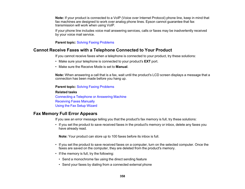 Fax memory full error appears | Epson EcoTank Pro ET-5150 Wireless All-in-One Supertank Printer User Manual | Page 358 / 387