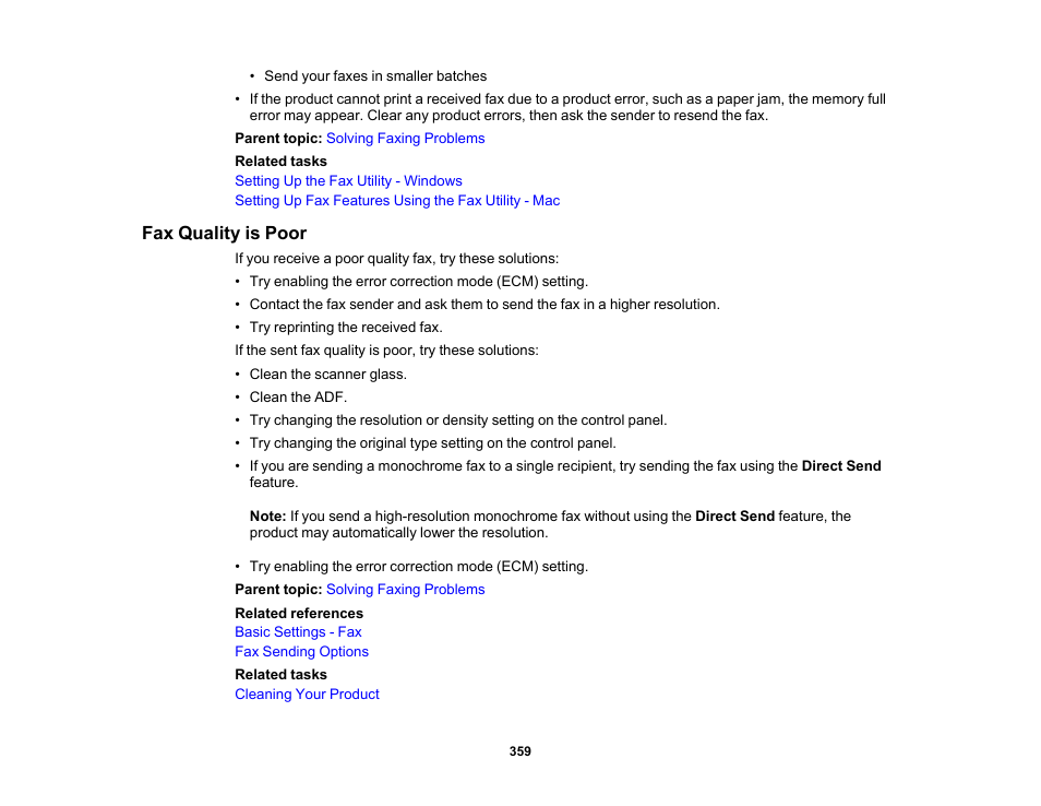 Fax quality is poor | Epson EcoTank Pro ET-5150 Wireless All-in-One Supertank Printer User Manual | Page 359 / 387