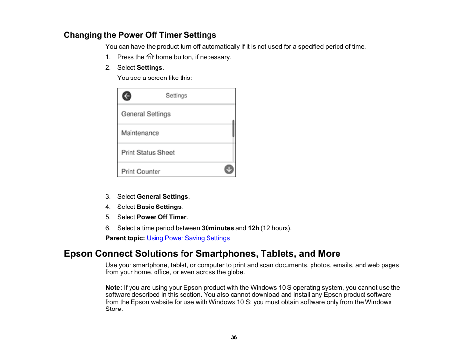 Changing the power off timer settings | Epson EcoTank Pro ET-5150 Wireless All-in-One Supertank Printer User Manual | Page 36 / 387