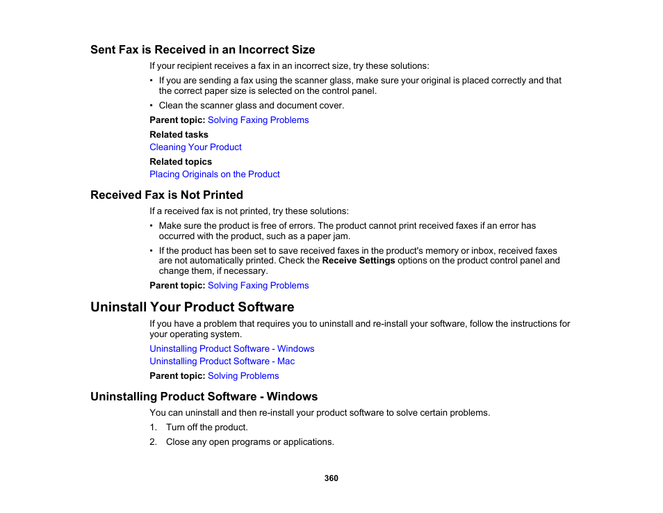 Sent fax is received in an incorrect size, Received fax is not printed, Uninstall your product software | Uninstalling product software - windows | Epson EcoTank Pro ET-5150 Wireless All-in-One Supertank Printer User Manual | Page 360 / 387