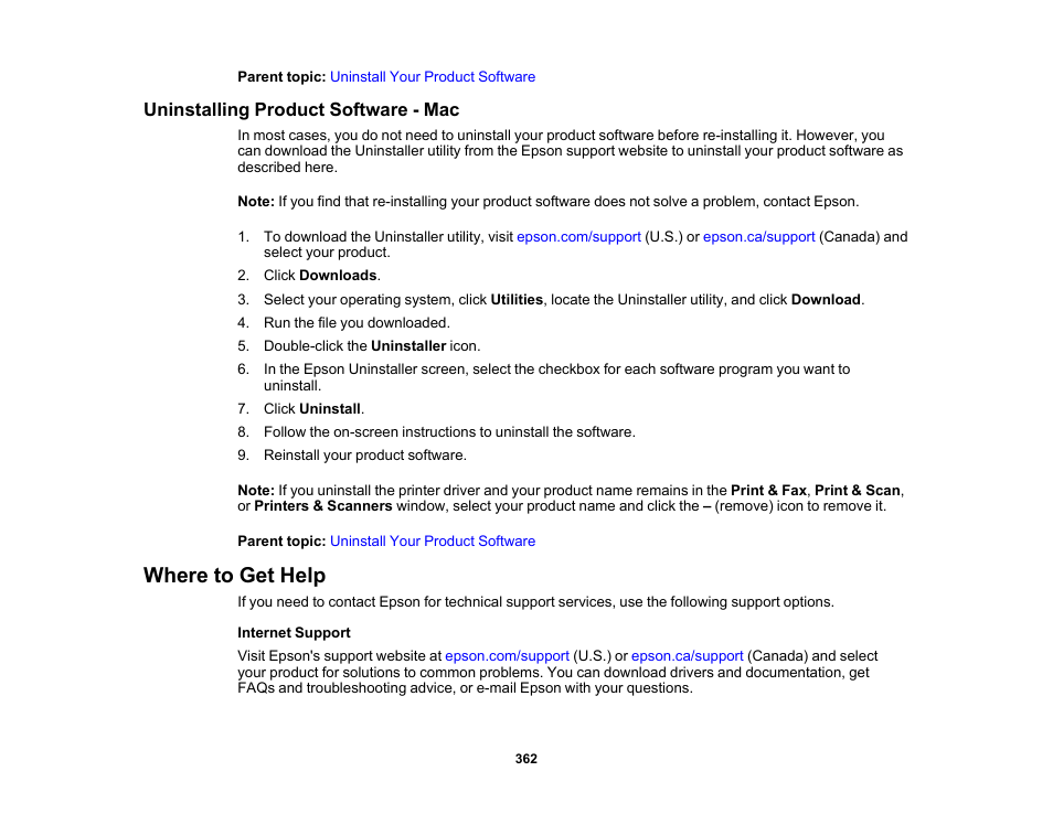 Uninstalling product software - mac, Where to get help | Epson EcoTank Pro ET-5150 Wireless All-in-One Supertank Printer User Manual | Page 362 / 387