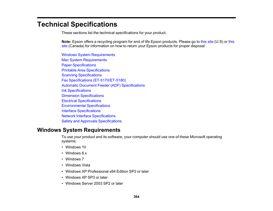 Technical specifications, Windows system requirements | Epson EcoTank Pro ET-5150 Wireless All-in-One Supertank Printer User Manual | Page 364 / 387