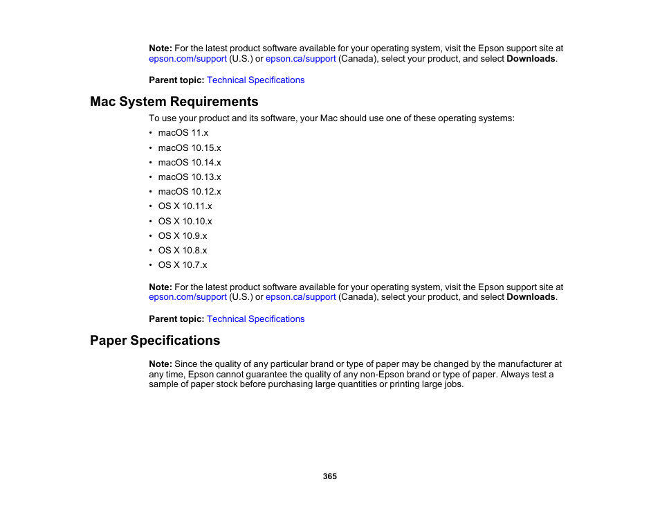 Mac system requirements, Paper specifications, Mac system requirements paper specifications | Epson EcoTank Pro ET-5150 Wireless All-in-One Supertank Printer User Manual | Page 365 / 387