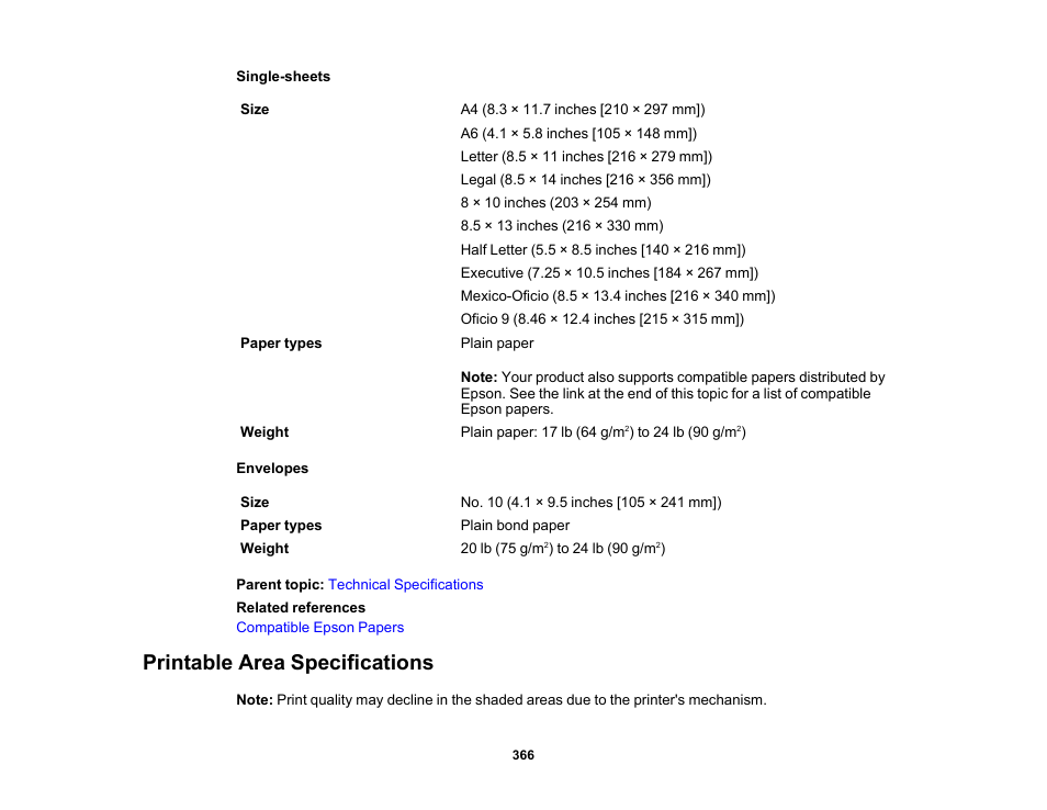 Printable area specifications | Epson EcoTank Pro ET-5150 Wireless All-in-One Supertank Printer User Manual | Page 366 / 387