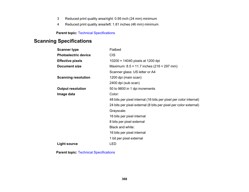 Scanning specifications | Epson EcoTank Pro ET-5150 Wireless All-in-One Supertank Printer User Manual | Page 368 / 387