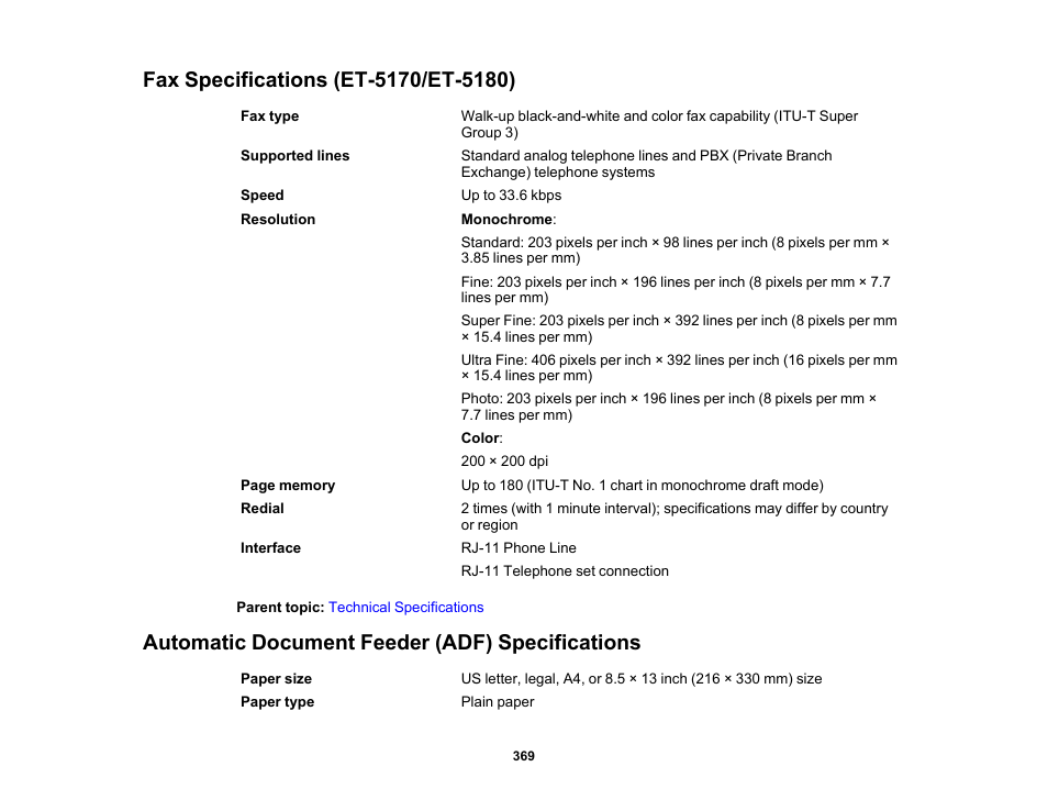 Fax specifications (et-5170/et-5180), Automatic document feeder (adf) specifications | Epson EcoTank Pro ET-5150 Wireless All-in-One Supertank Printer User Manual | Page 369 / 387