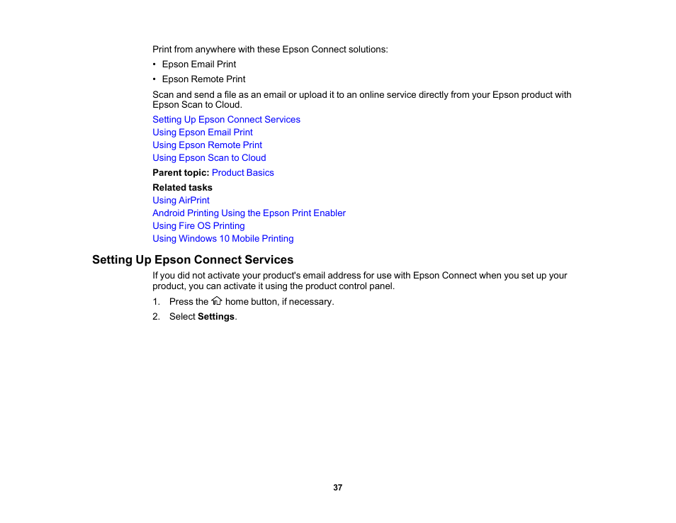 Setting up epson connect services | Epson EcoTank Pro ET-5150 Wireless All-in-One Supertank Printer User Manual | Page 37 / 387