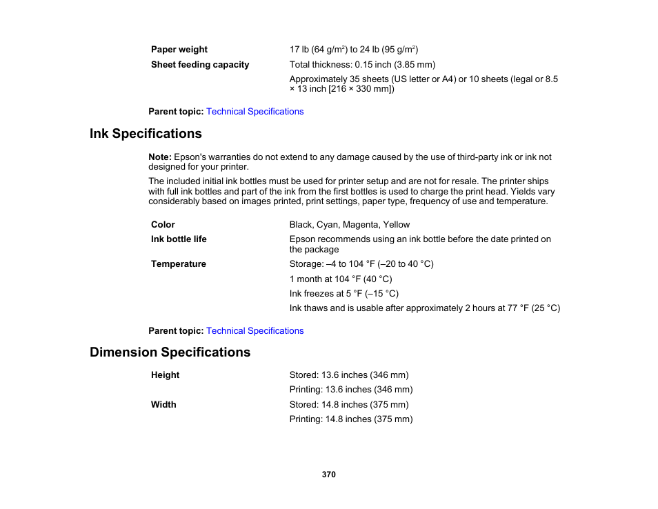 Ink specifications, Dimension specifications, Ink specifications dimension specifications | Epson EcoTank Pro ET-5150 Wireless All-in-One Supertank Printer User Manual | Page 370 / 387