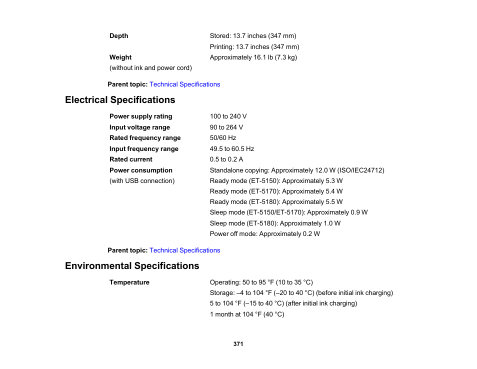 Electrical specifications, Environmental specifications | Epson EcoTank Pro ET-5150 Wireless All-in-One Supertank Printer User Manual | Page 371 / 387