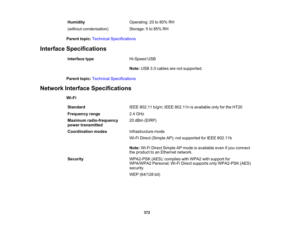 Interface specifications, Network interface specifications | Epson EcoTank Pro ET-5150 Wireless All-in-One Supertank Printer User Manual | Page 372 / 387